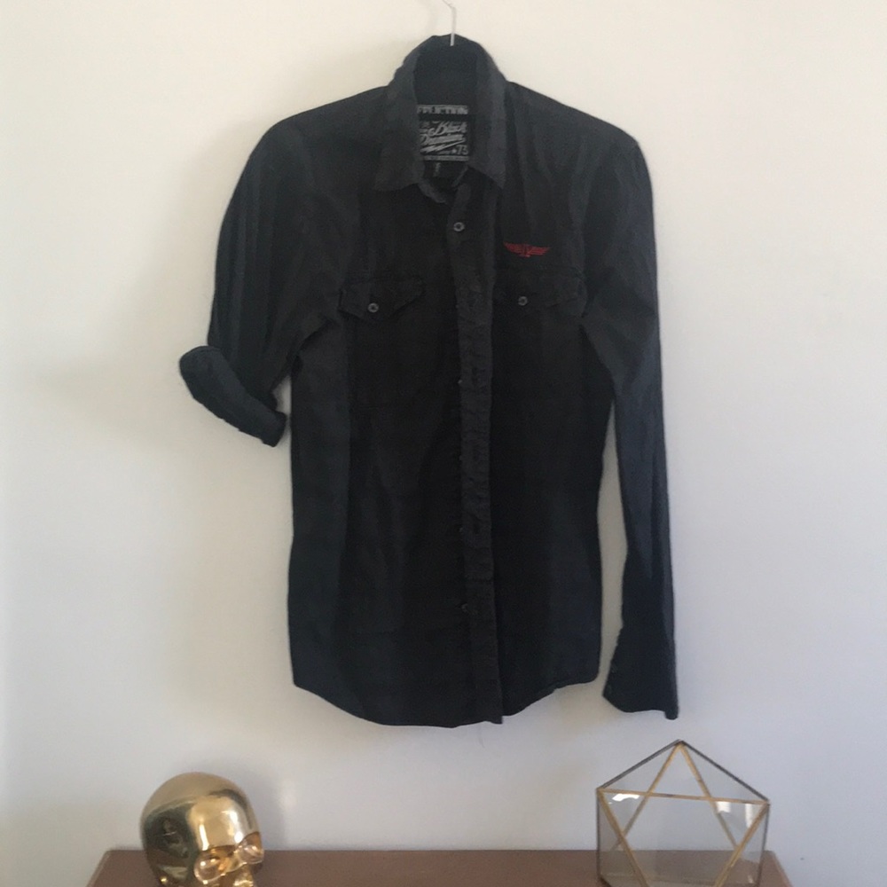 Black Button up with red stitching